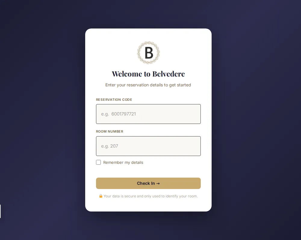 Belvedere Guest Portal screen